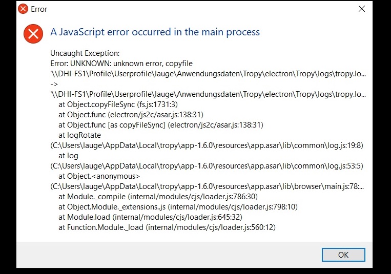 A JavaScript error occurred in the main process. Uncaught